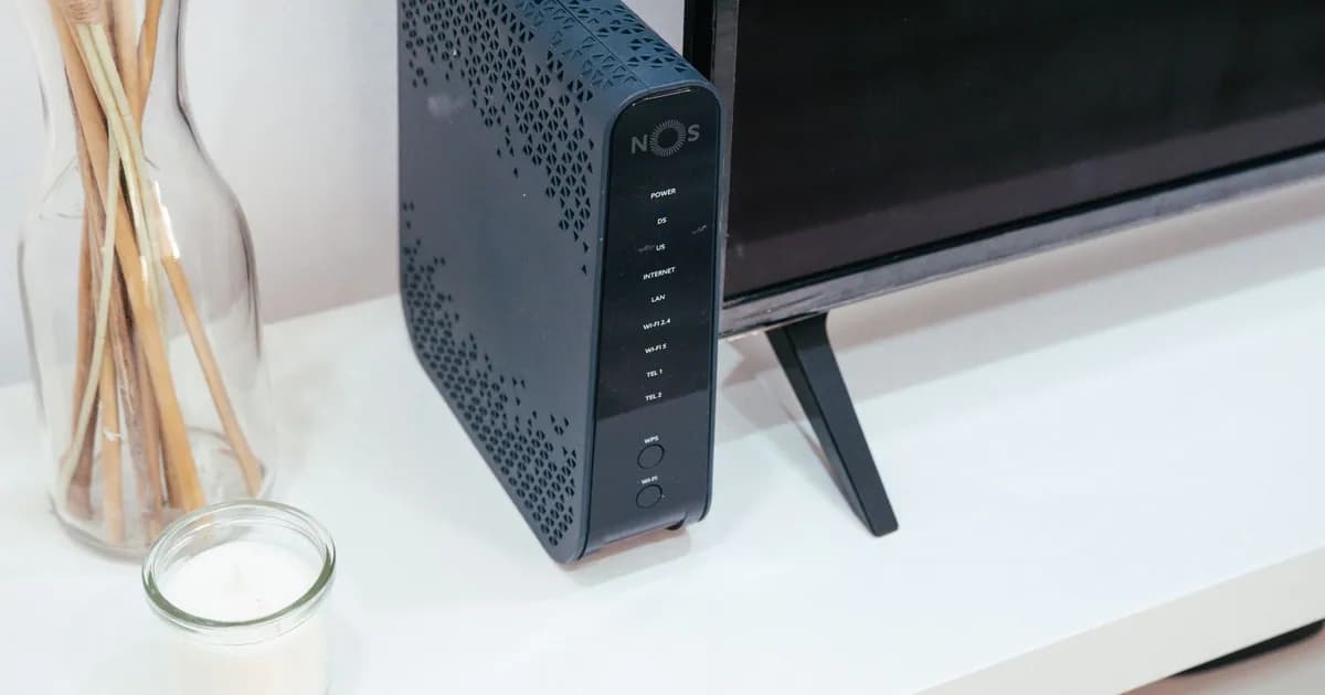 A sleek home technology setup featuring a router, glass decoration, and television