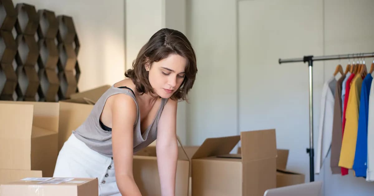 Young woman managing her online clothing business from home office with boxes and laptop