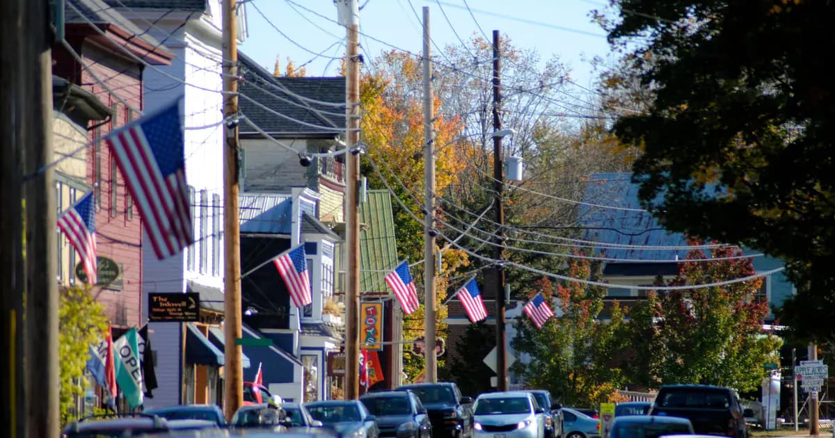 Modern cars driving on road through modern suburban cottages decorated with USA national flags in early autumn