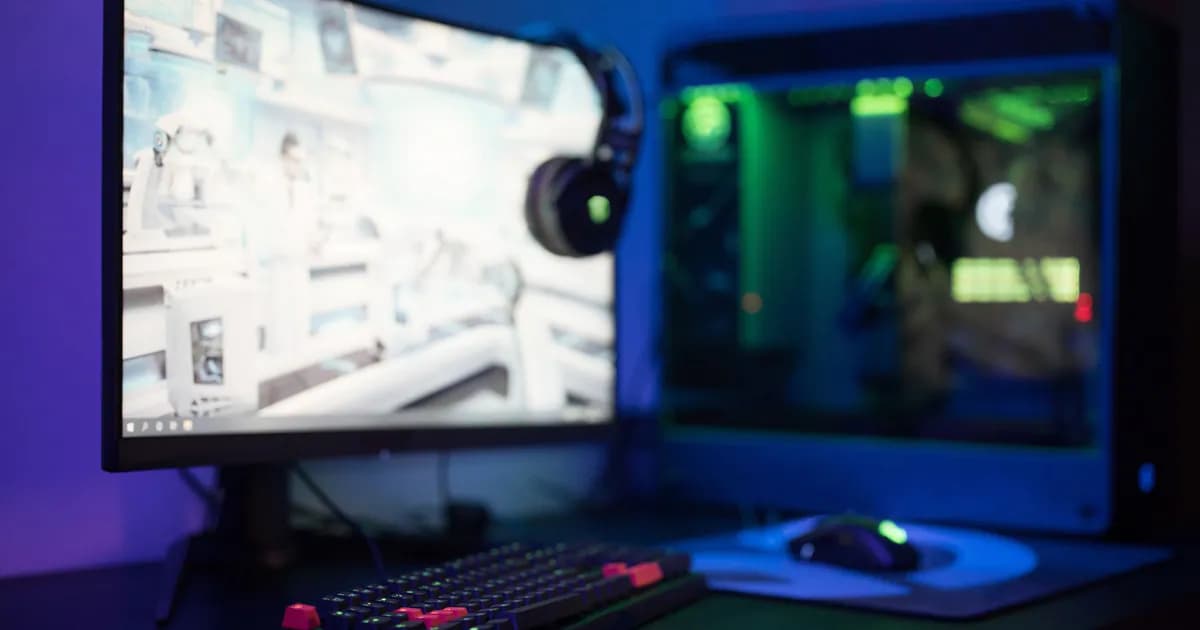 High-tech gaming setup featuring a curved monitor, RGB keyboard, and vibrant lighting