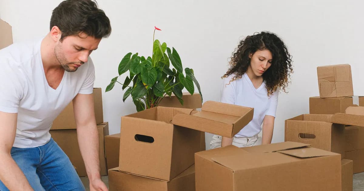 Serious young relocating man and woman in casual outfits packing fragile things into carton boxes while preparing for moving