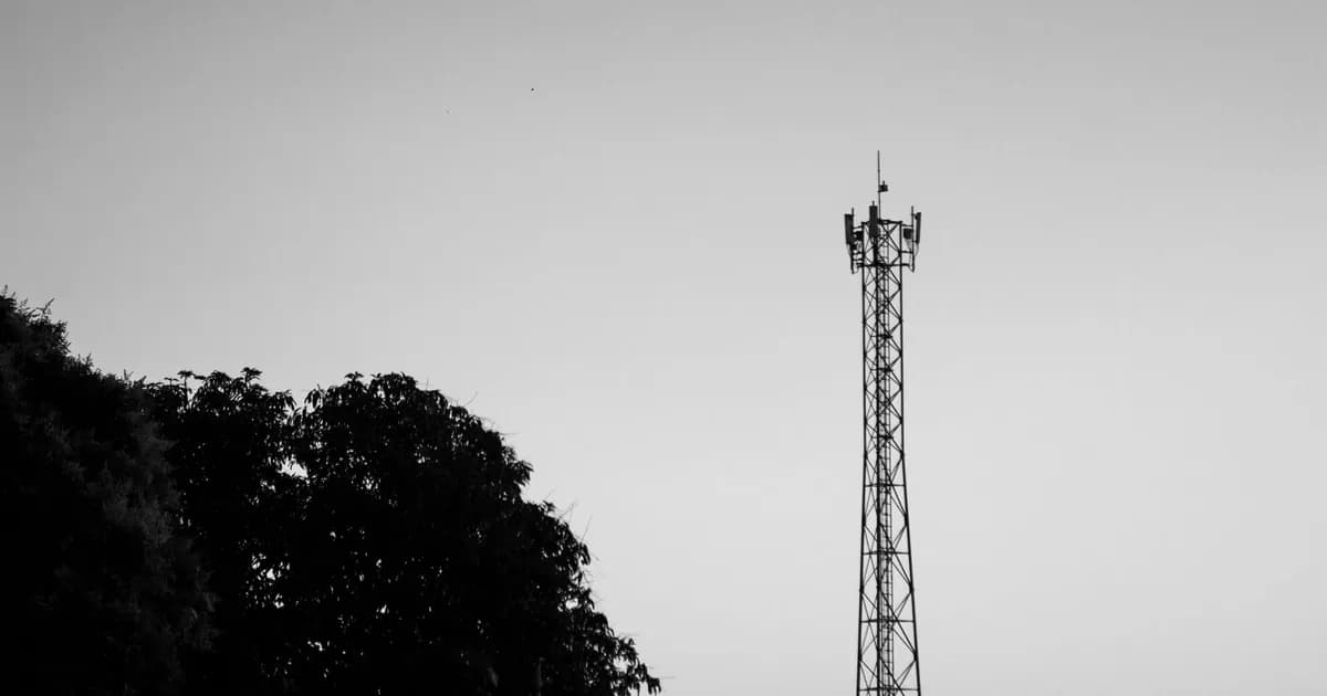 A stark black and white image featuring a satellite tower against a clear sky with trees
