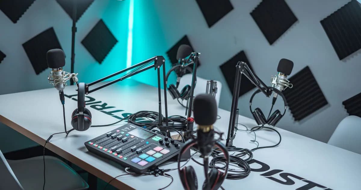 Sleek podcast studio setup featuring microphones, audio mixer, and acoustic panels