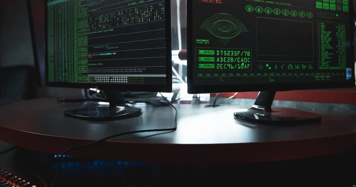 Close-up of dual computer monitors with green coding interfaces in a dark room
