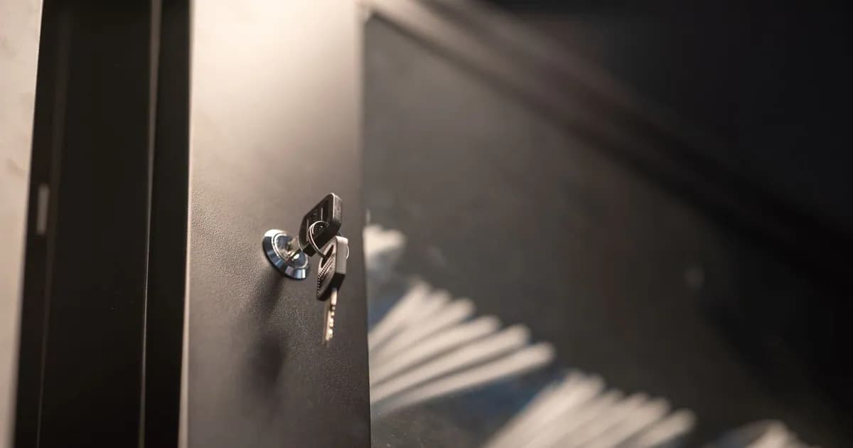 Detailed view of a key inserted into a modern lock on a metal cabinet door
