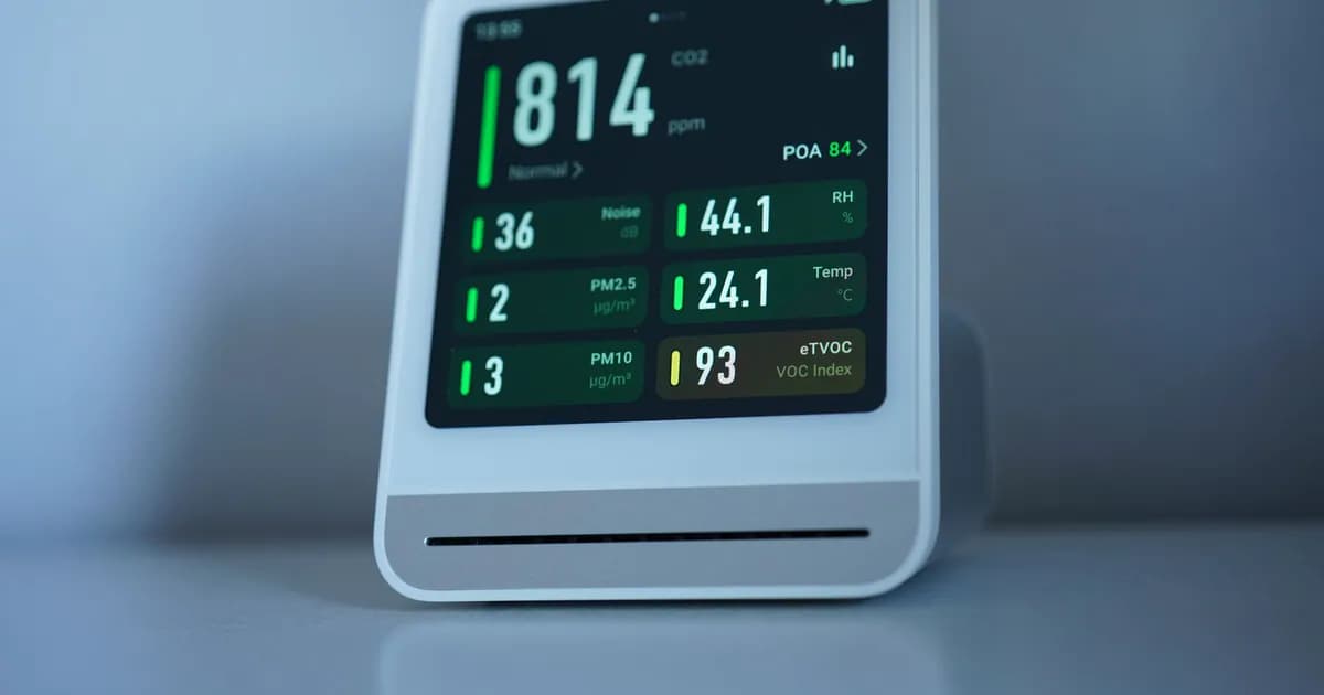 A sleek air quality monitor showing CO2 and other air metrics