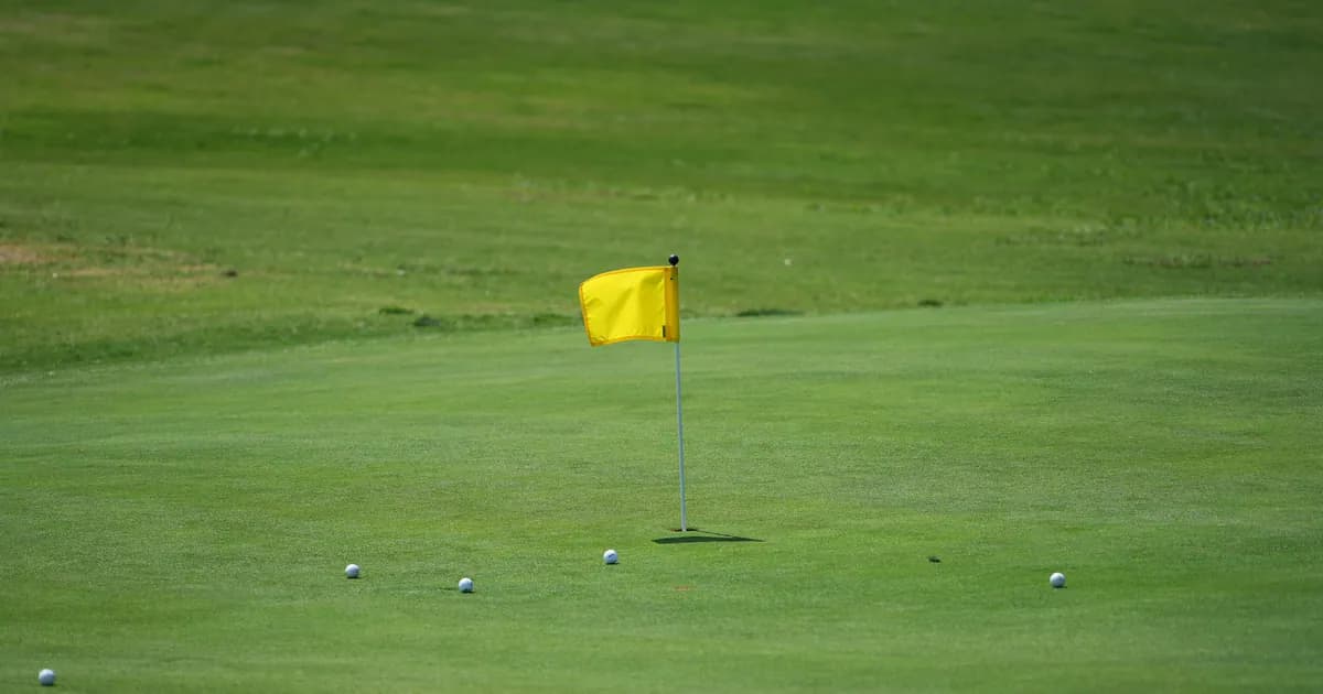 Golf course scene with yellow flag and golf balls on green under a clear sky