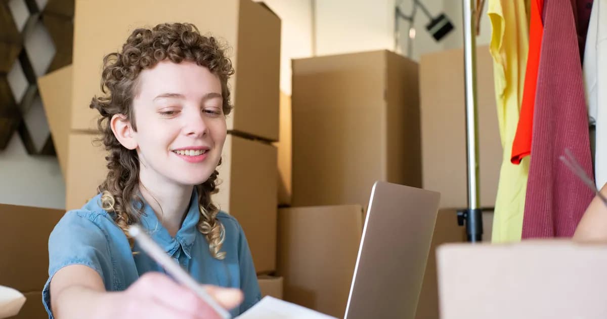 Smiling young woman managing a small business with laptop and packages around her