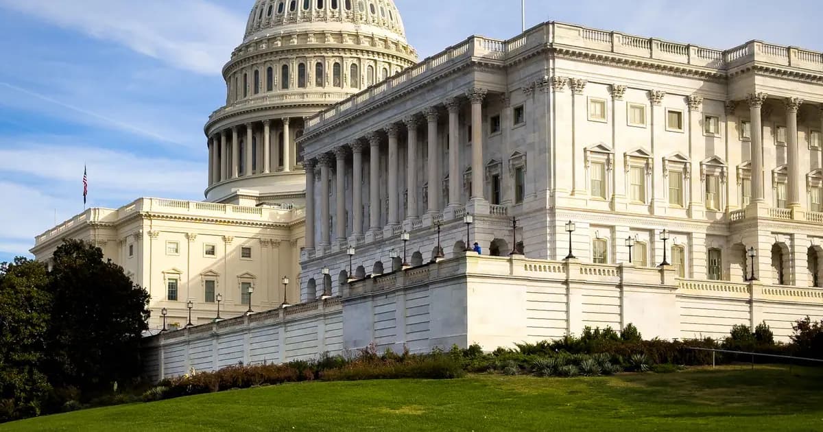 A picturesque view of the US Capitol Building in Washington, DC, under a clear sky