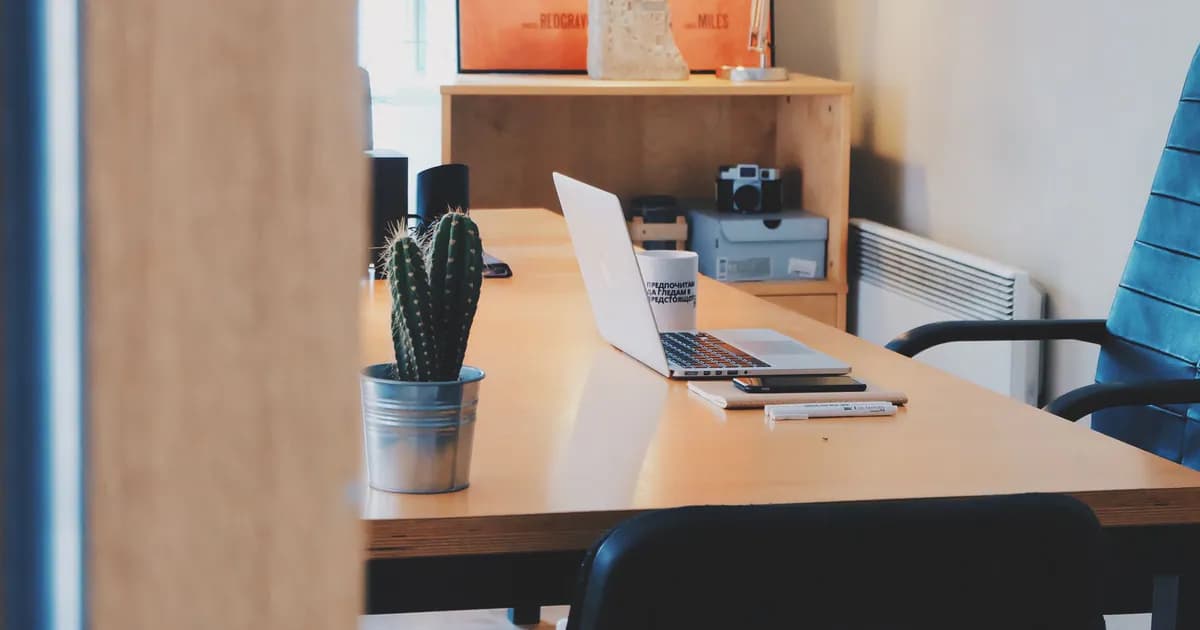 A modern office desk setup featuring a cactus plant, laptop, and stylish decor in a contemporary office space