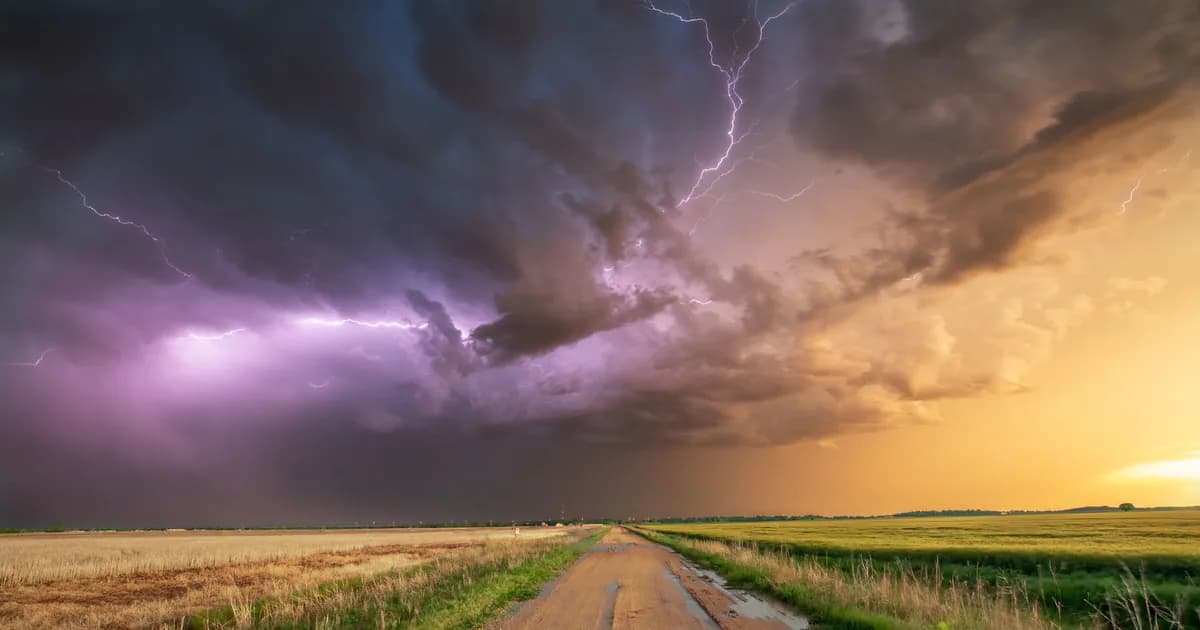 Stunning photo of a thunderstorm with lightning over a wheat field and dirt road in Oklahoma