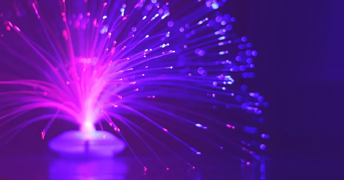 Abstract image of a vibrant purple and pink fiber optic light glowing at night