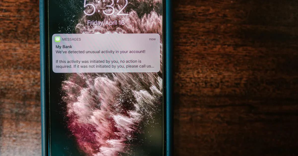 Close-up of a smartphone displaying a bank alert notification on a wooden table