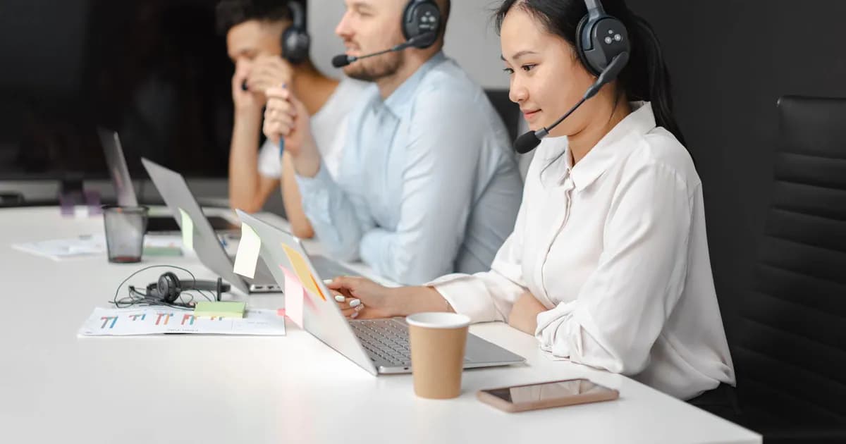 Call center agents wearing headsets working on laptops at a customer support team meeting