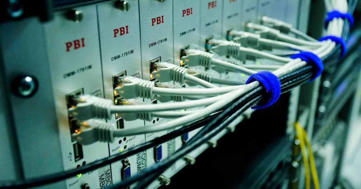 Close-up of ethernet cables connected to a network switch panel in a data center