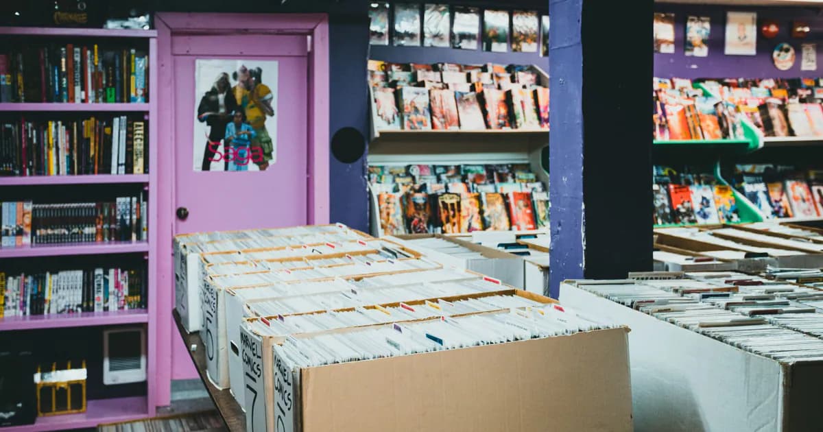 A colorful comic book store with organized shelves and boxes of comics for sale