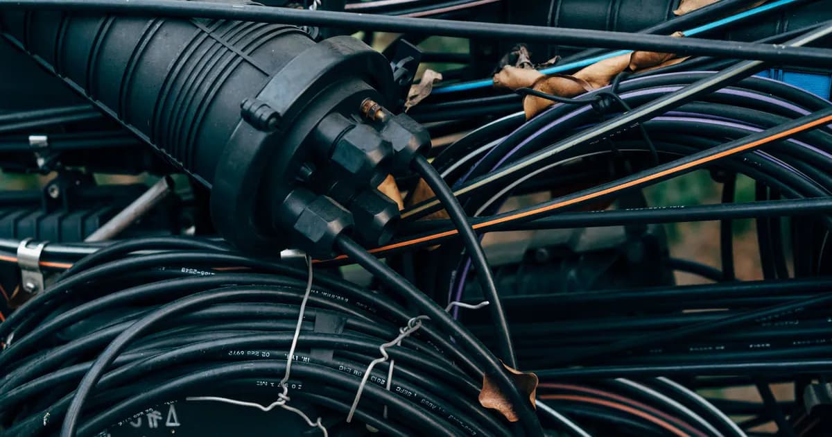 Close-up view of intertwined black cables and connectors in an outdoor telecom setup