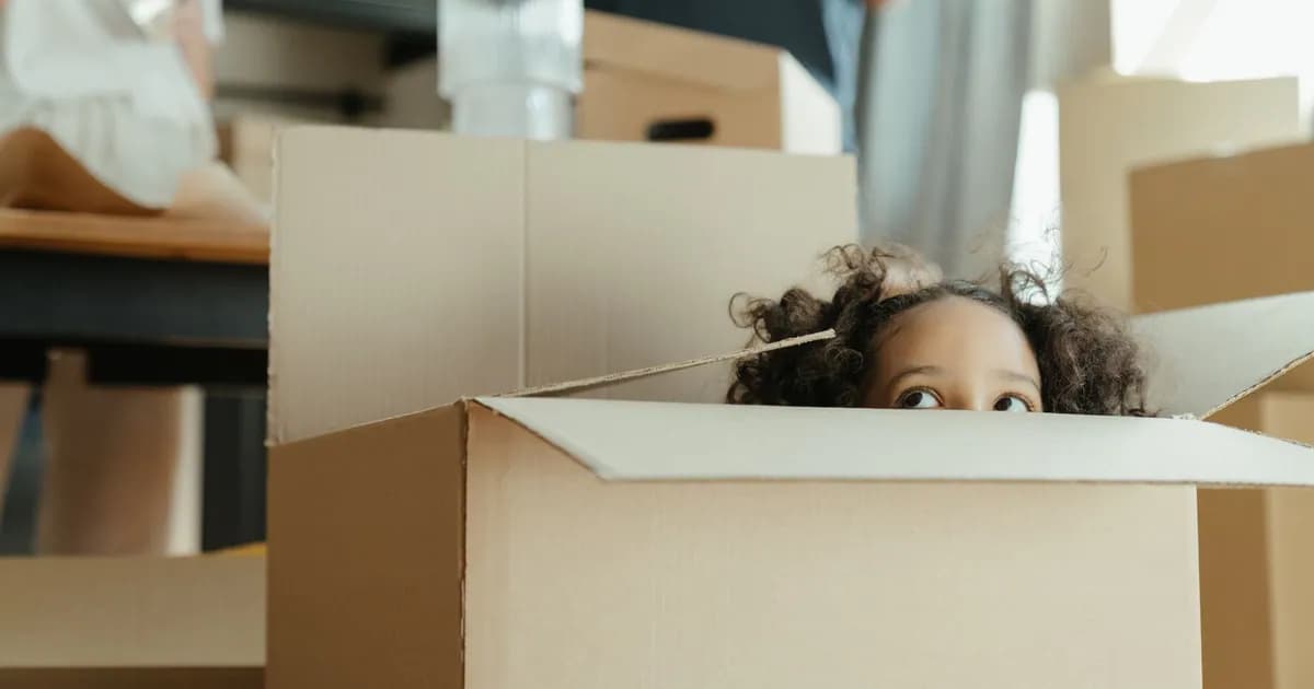 A child peeks out of a cardboard box while moving into a new home